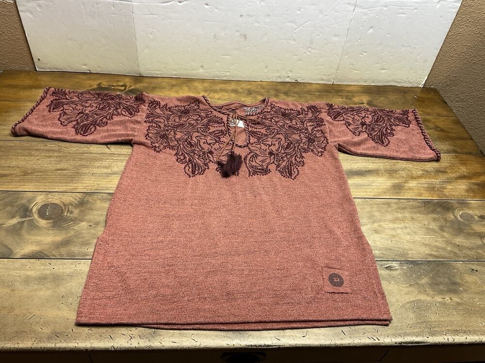 Double D Ranchwear Tunic Top XS Terracotta Embroidered Beaded Tassel Western